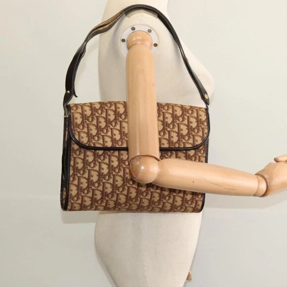 Christian Dior Trotter Canvas Shoulder Bag Brown Gold Auth 135940